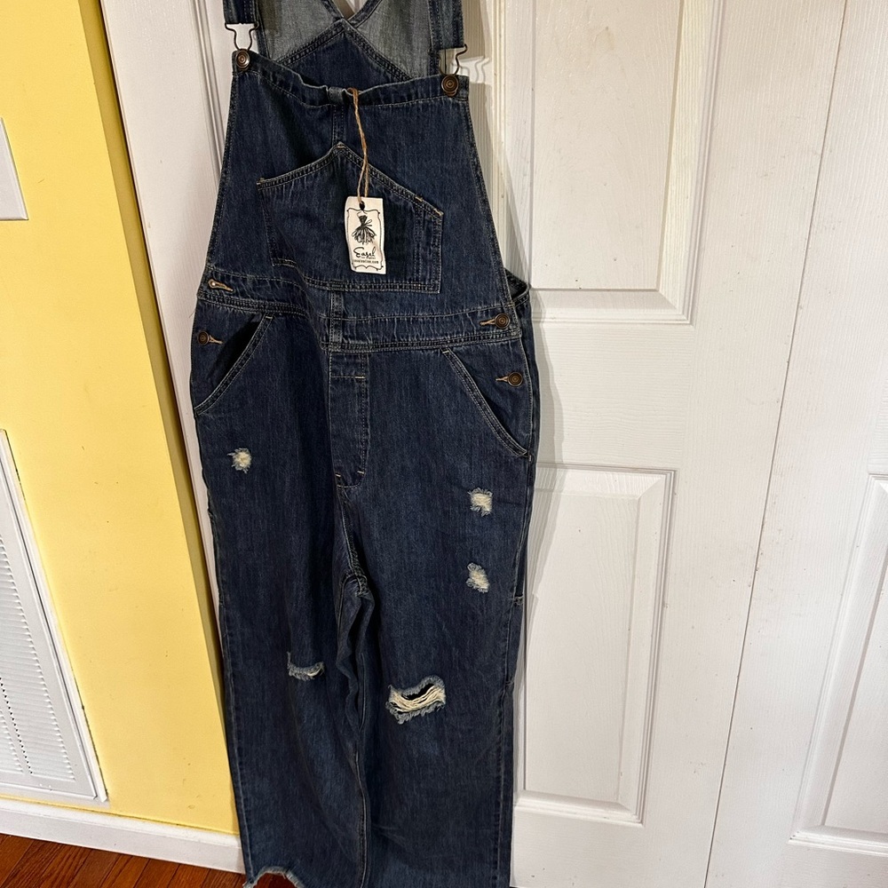 Easel Women's Distressed Denim Overalls - Dark Blue
